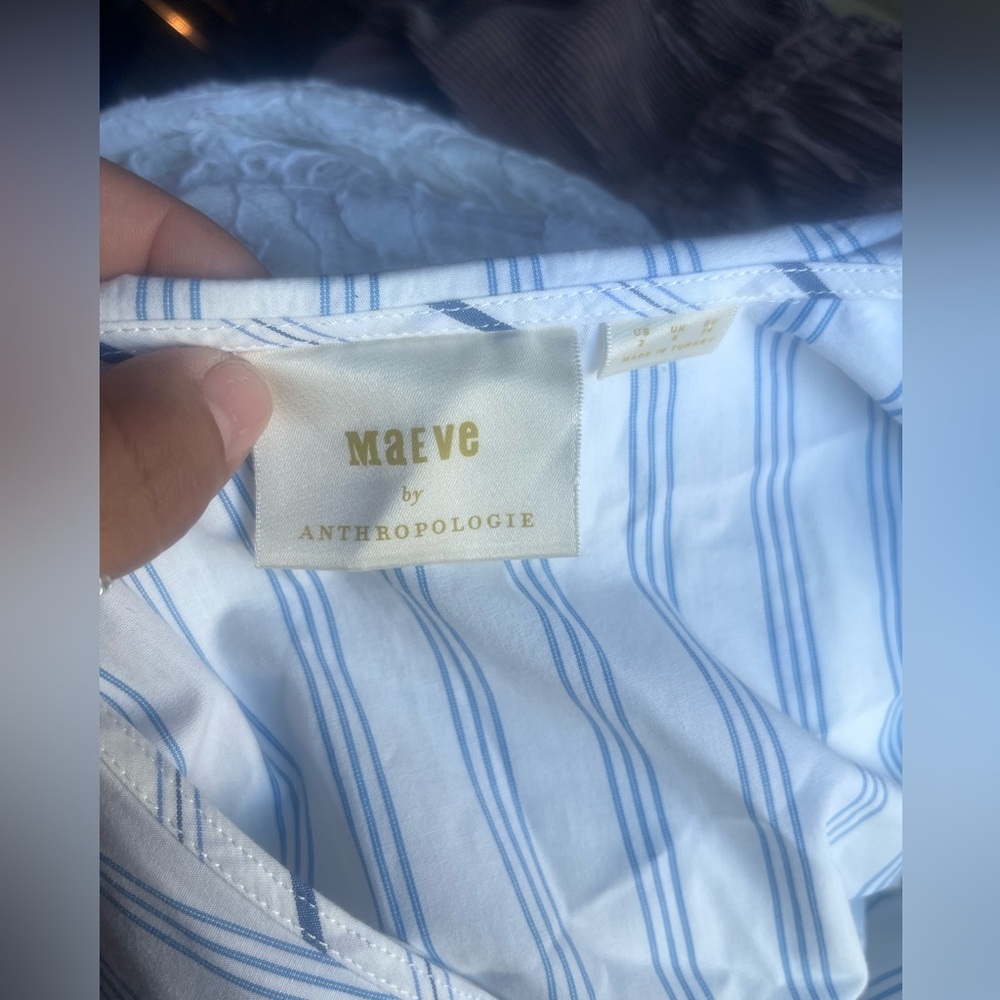 Anthropologie Maeve White & Blue Striped Ruffle-Collar Button-Down Blouse - Picture 4 of 6